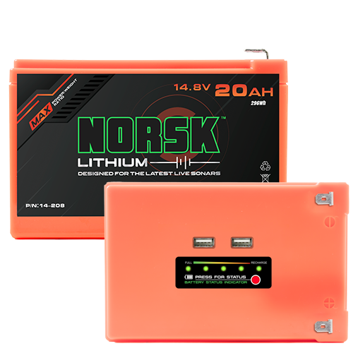 Norsk Lithium 20Ah battery with top view of the battery status indicator