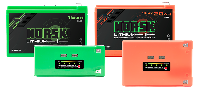 Picture of a Norsk Lithium 15AH Battery and a Norsk Lithium 20.8AH Battery with built in USB Ports and a Battery status Indicator.