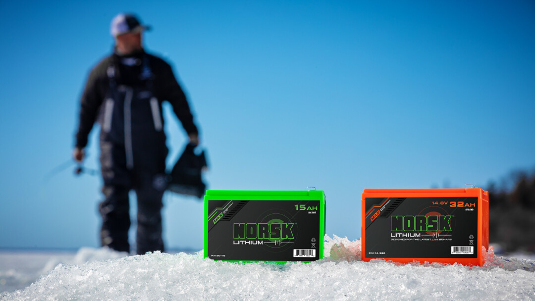 Norsk Lithium 15AH 32AH Batteries with angler in the background 1080X1920