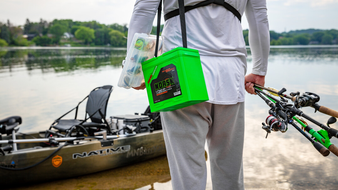 Kayak Angler getting ready to launch using a Norsk Lithium 12v 50ah Battery to power his trolling motor 1