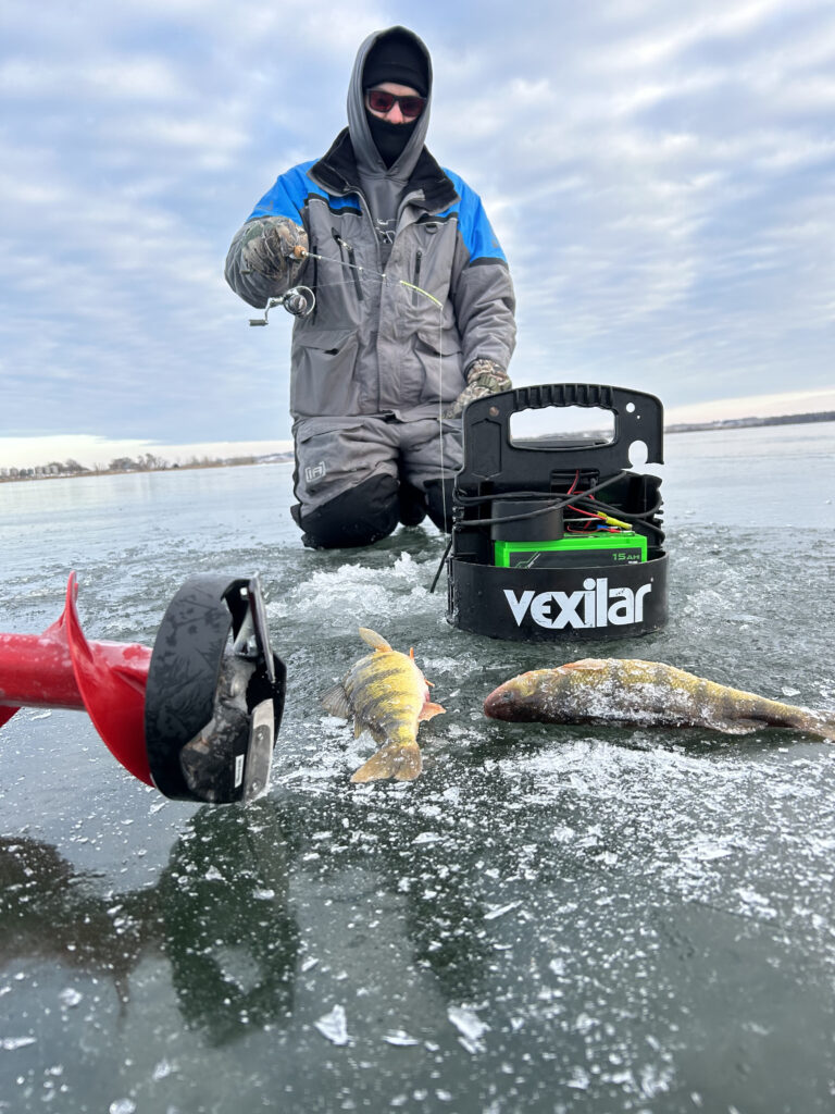 Dustin Larson Fishing Perch on Devils Lake using a Vexliar FL 28 Powered by a Norsk Lithium 15AH Lithium Ion Battery