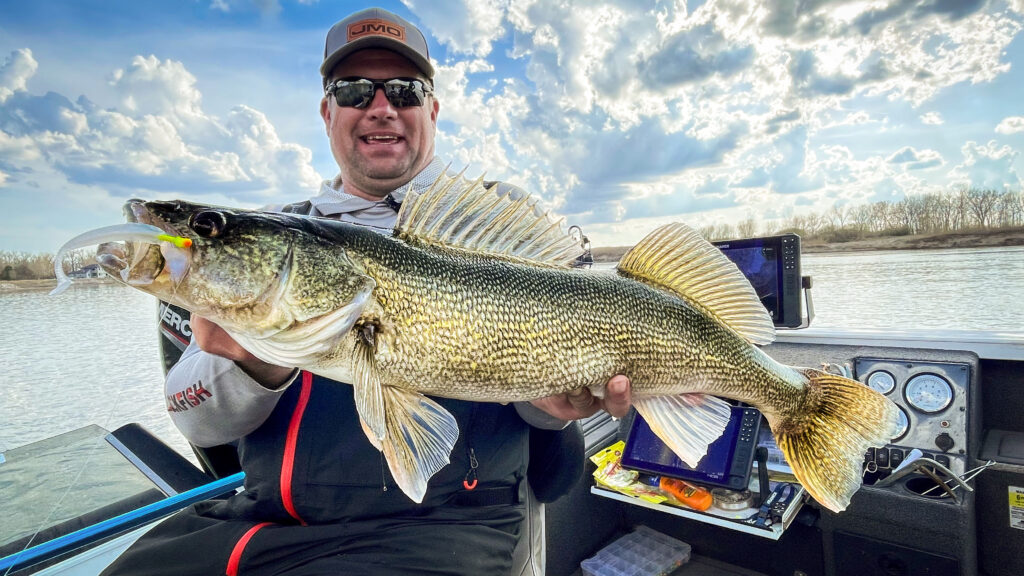 Jason Mitchell holding a walleye in his Boat Powered by Norsk Lithium Batteries