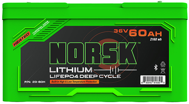 60Ah 36V NORSK Lithium LIFEP04 Heated Battery (Powers Mitchell's trolling motor)