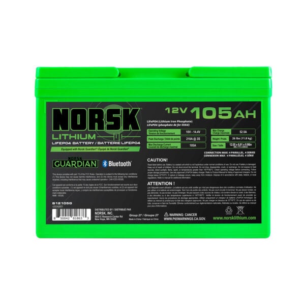 Rear view of the Norsk Lithium 12V 105Ah lithium deep cycle battery