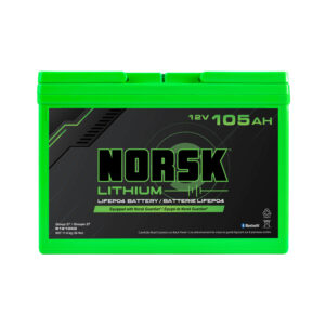 Front view of the 12V 105Ah lithium deep cycle battery by Norsk Lithium
