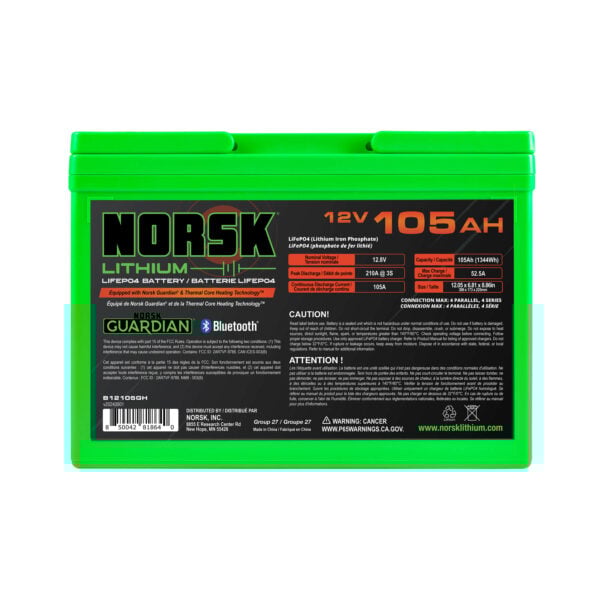 Rear view of Norsk Lithium 12V 105Ah heated lithium deep cycle marine battery