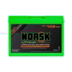 Front view of 12V 105Ah heated lithium deep cycle marine battery by Norsk Lithium