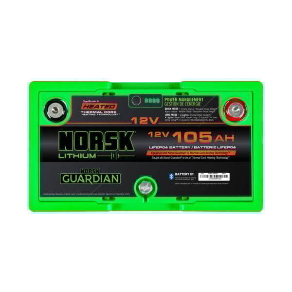 Top terminal layout of the 12V 105Ah heated lithium deep cycle marine battery