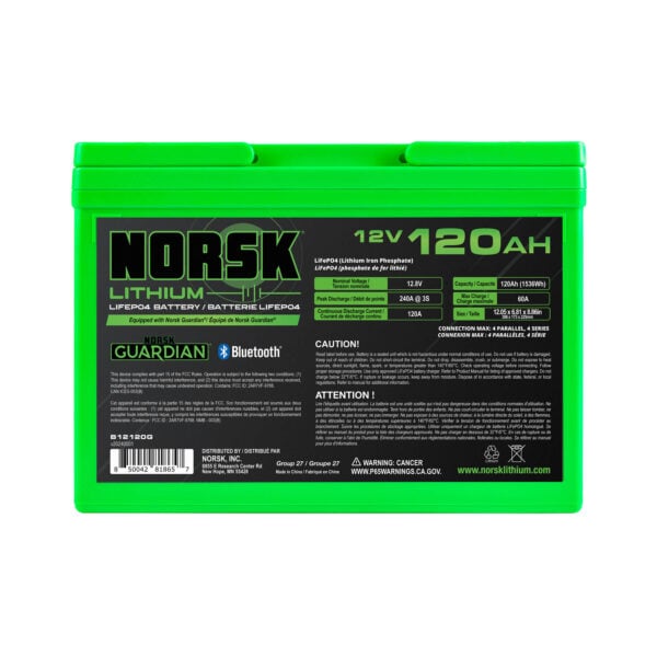 Rear view of Norsk Lithium 12V 120Ah LiFePO4 deep cycle battery