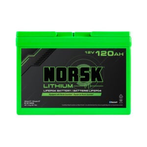 Front view of 12V 120Ah LiFePO4 deep cycle battery by Norsk Lithium