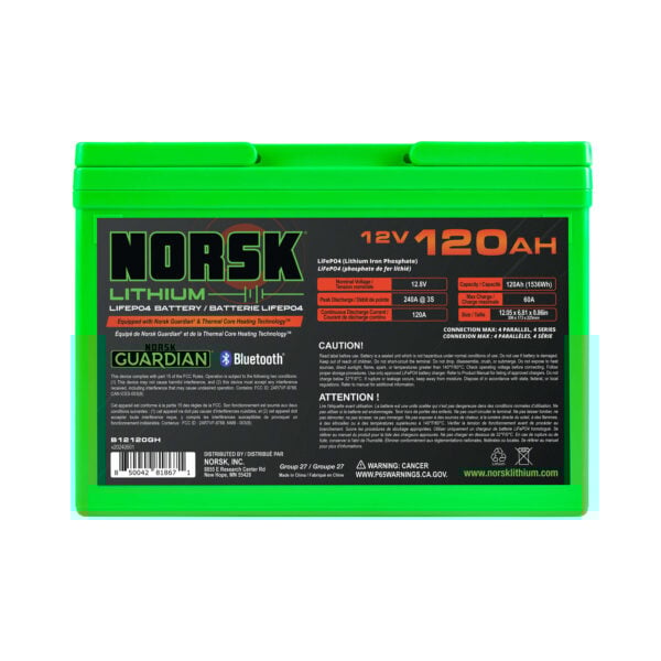 Rear view of Norsk Lithium 12V 120Ah heated deep cycle marine battery