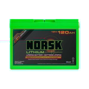 Front view of 12V 120Ah heated deep cycle marine battery by Norsk Lithium