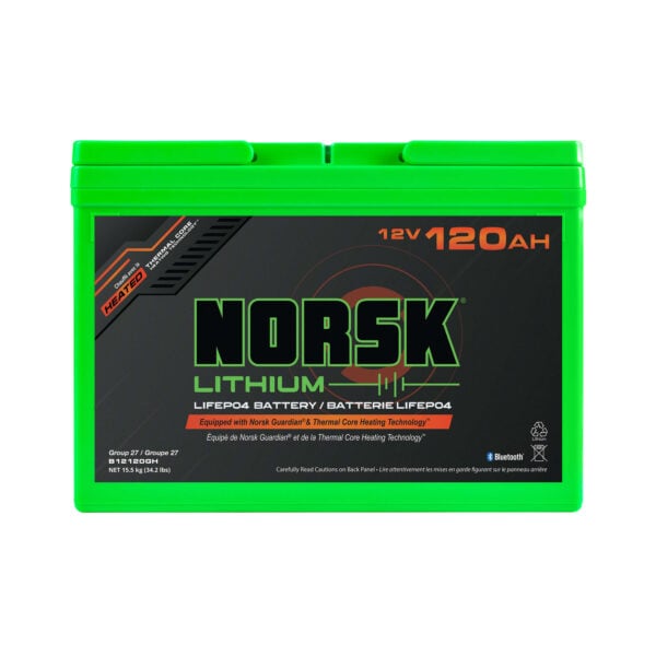 Front view of 12V 120Ah heated deep cycle marine battery by Norsk Lithium