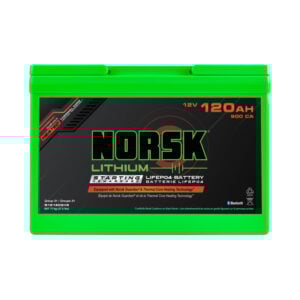 Front view of 12V 120Ah heated lithium cranking battery by Norsk Lithium