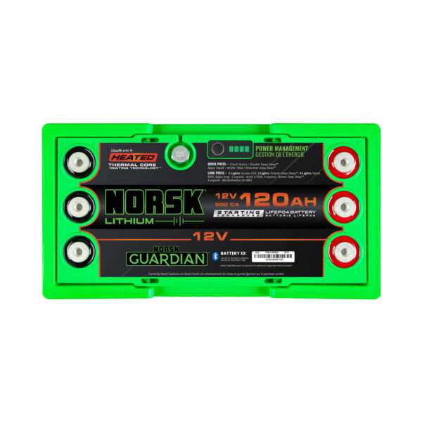 Top terminals of the 12V 120Ah heated lithium cranking battery