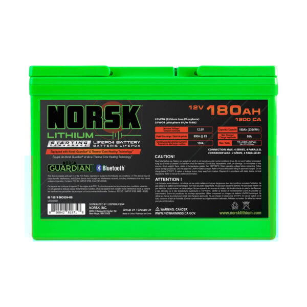 Rear view of Norsk Lithium 12V 180Ah heated marine cranking battery