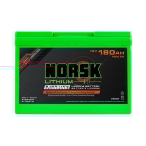 Front view of 12V 180Ah heated lithium marine cranking battery by Norsk Lithium