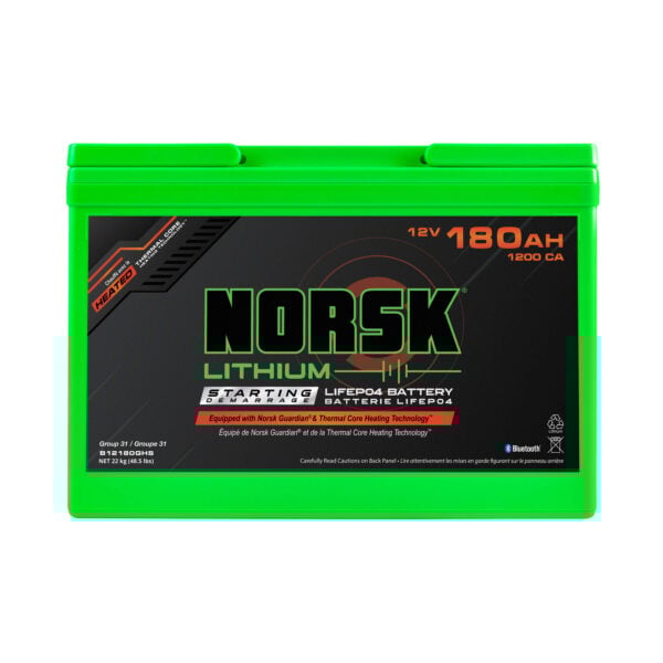Front view of 12V 180Ah heated lithium marine cranking battery by Norsk Lithium