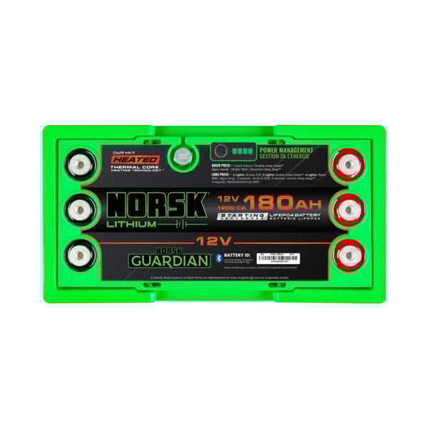 Top terminals of the 12V 180Ah heated lithium marine cranking battery