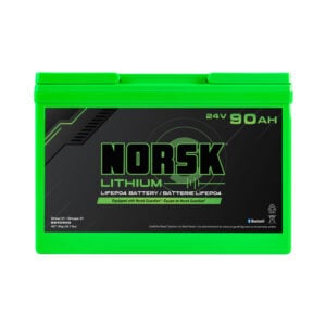 Front view of 24V 90Ah LiFePO4 lithium trolling motor battery by Norsk Lithium