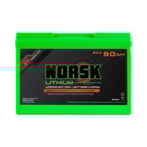Front view of 24V 90Ah heated LiFePO4 trolling motor battery by Norsk Lithium