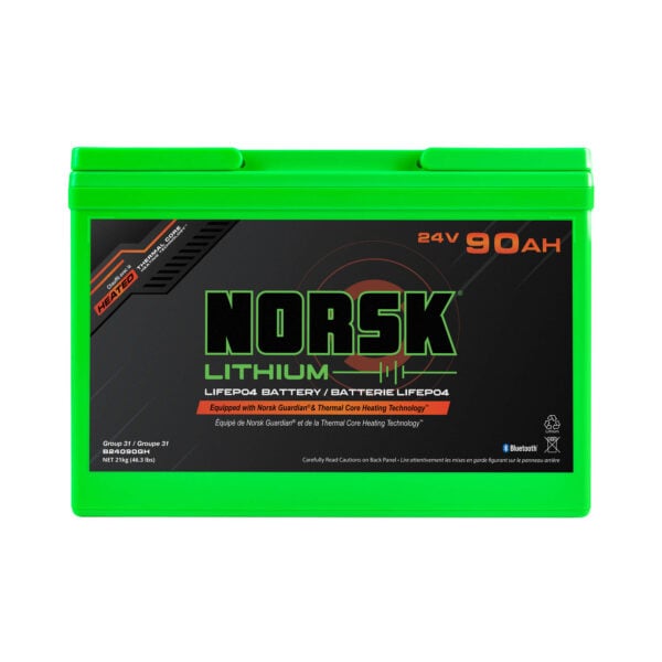 Front view of 24V 90Ah heated LiFePO4 trolling motor battery by Norsk Lithium