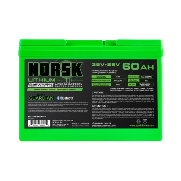 Rear view of Norsk Lithium 36V/28V 60Ah LiFePO4 battery