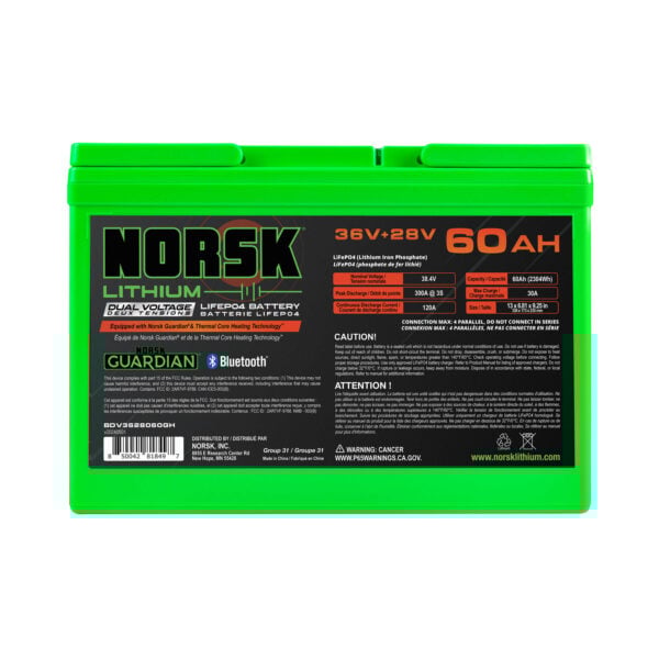 Rear view of Norsk Lithium heated 36V/28V dual voltage LiFePO4 battery