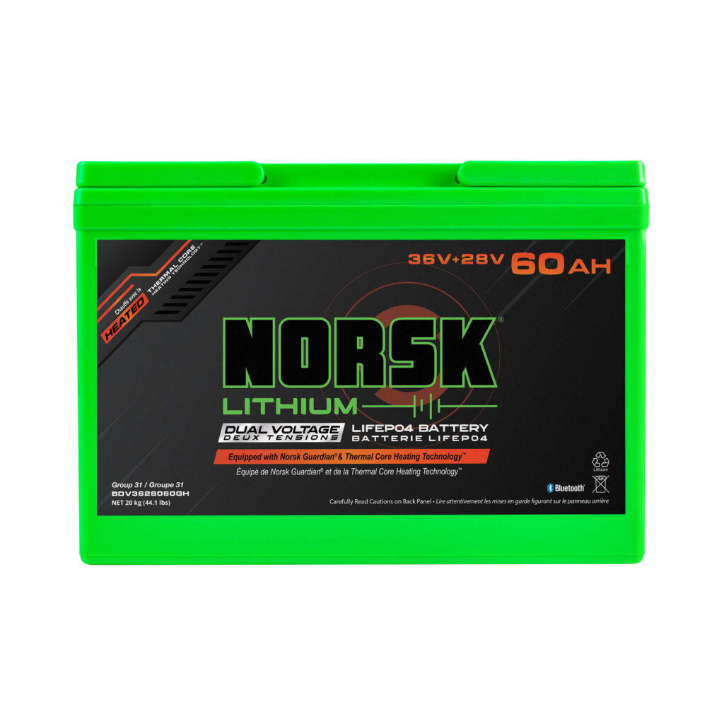 Front view of 36V/28V dual voltage heated LiFePO4 lithium battery by Norsk Lithium