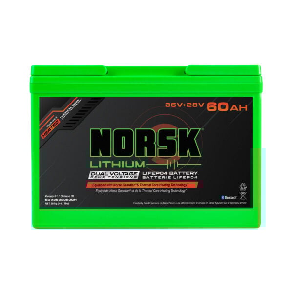 Front view of 36V/28V dual voltage heated LiFePO4 lithium battery by Norsk Lithium
