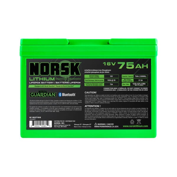 Rear view of Norsk Lithium 16V 75Ah LiFePO4 lithium deep cycle battery