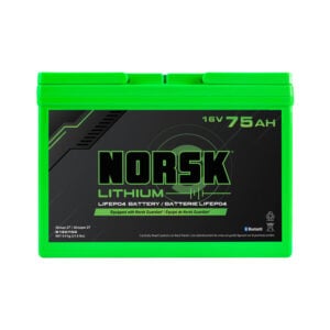 Front view of 16V 75Ah LiFePO4 lithium deep cycle battery by Norsk Lithium