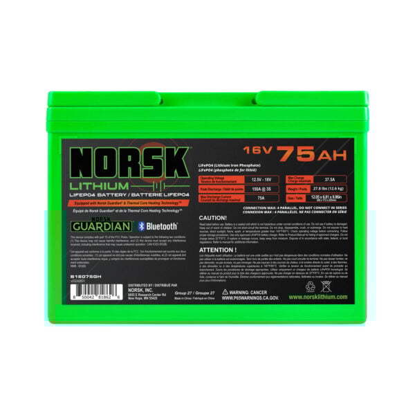 Rear view of Norsk Lithium 16V 75Ah heated LiFePO4 lithium deep cycle battery