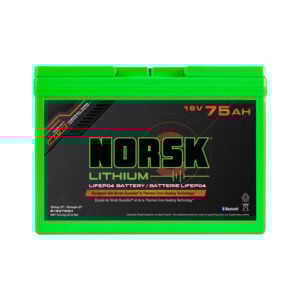 Front view of 16V 75Ah heated LiFePO4 lithium deep cycle battery by Norsk Lithium