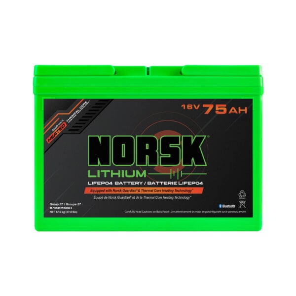Front view of 16V 75Ah heated LiFePO4 lithium deep cycle battery by Norsk Lithium