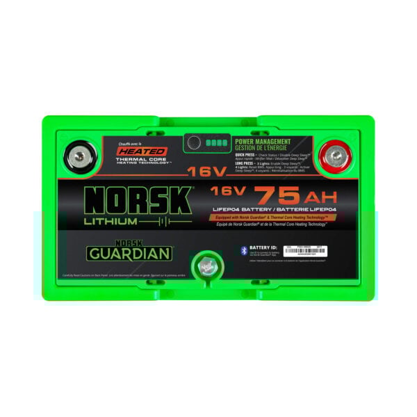 Top terminals of the 16V 75Ah heated LiFePO4 lithium deep cycle battery