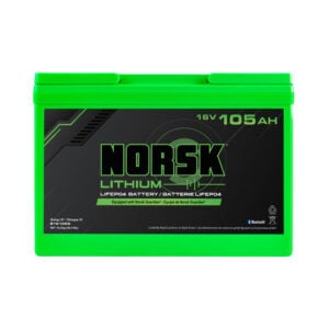 Front view of 16V 105Ah LiFePO4 lithium deep cycle battery by Norsk Lithium