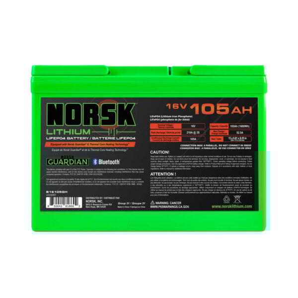 Rear view of 16V 105Ah heated LiFePO4 lithium deep cycle battery