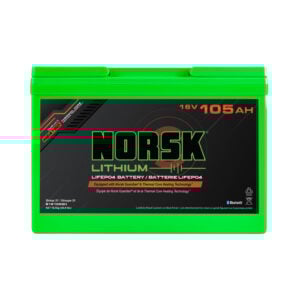 Front view of 16V 105Ah heated LiFePO4 lithium deep cycle battery by Norsk Lithium