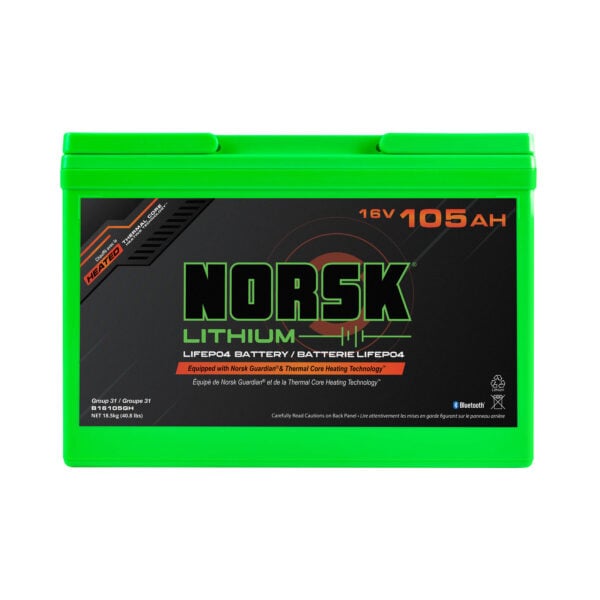 Front view of 16V 105Ah heated LiFePO4 lithium deep cycle battery by Norsk Lithium