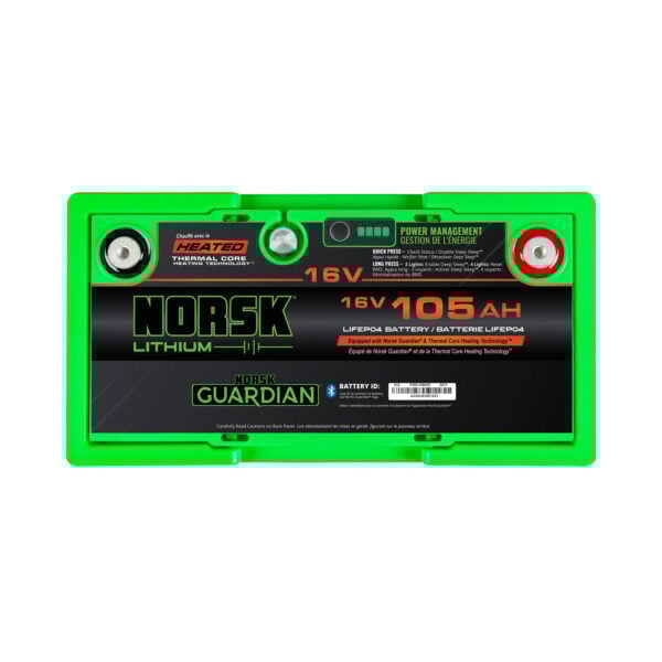 Top terminal layout of 16V 105Ah heated LiFePO4 lithium deep cycle battery