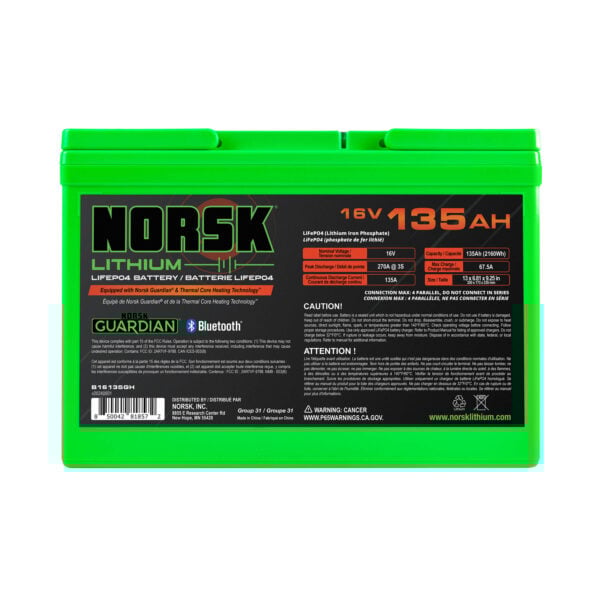 Rear view of 16V 135Ah heated LiFePO4 lithium deep cycle battery