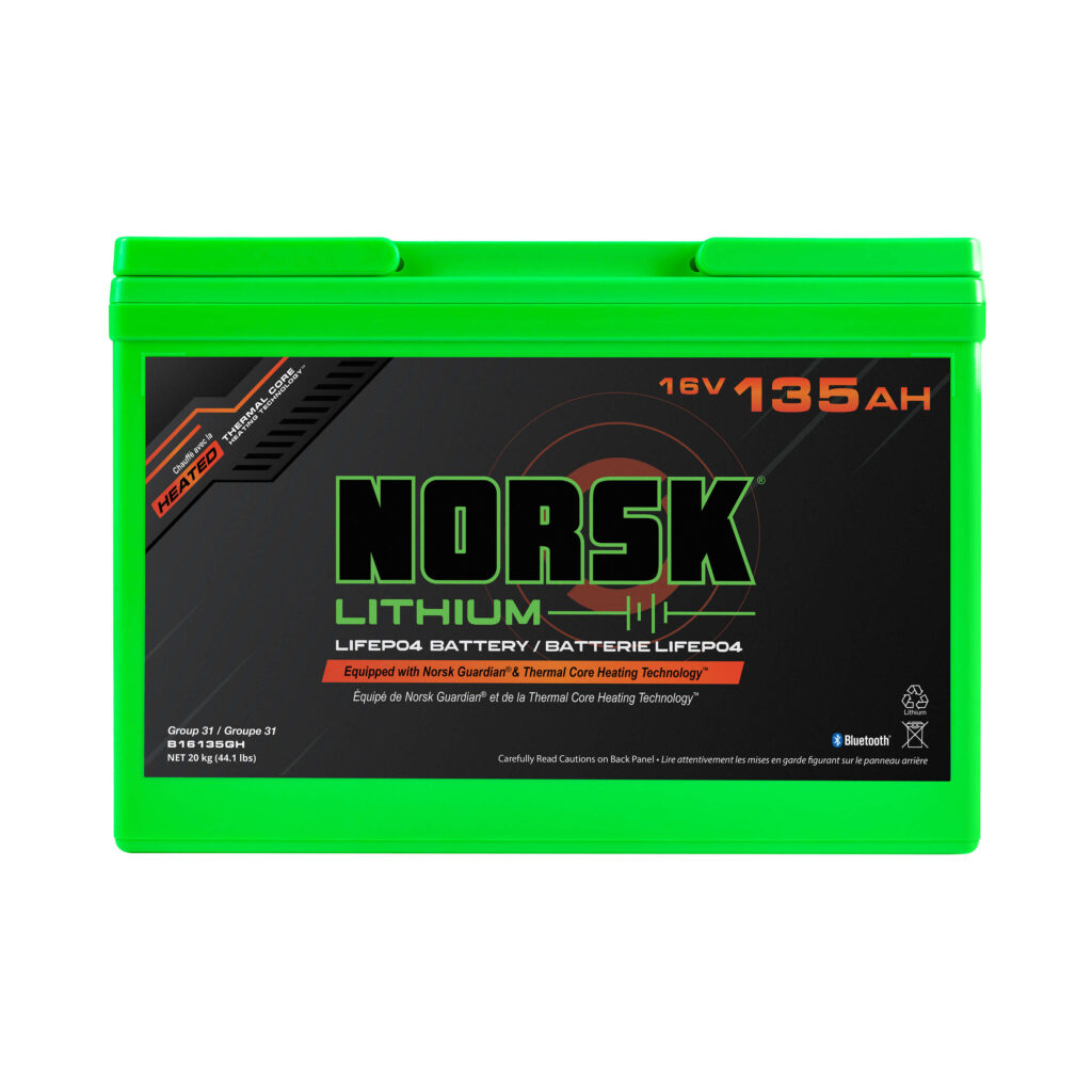 Front view of 16V 135Ah heated LiFePO4 lithium deep cycle battery by Norsk Lithium