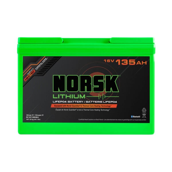 Front view of 16V 135Ah heated LiFePO4 lithium deep cycle battery by Norsk Lithium