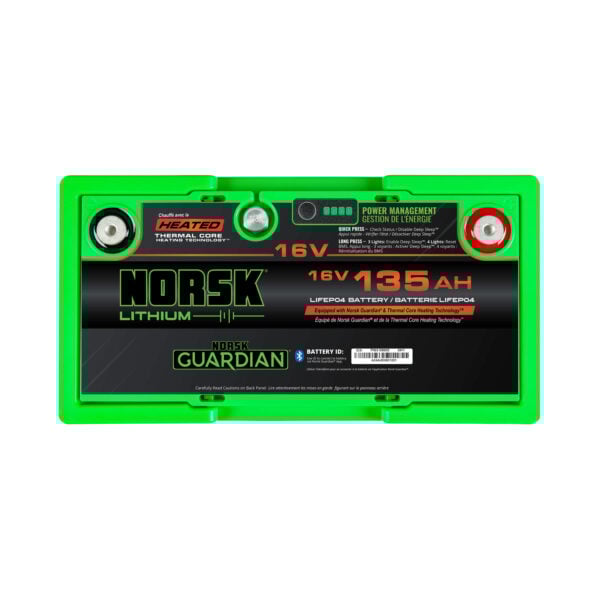 Top terminal layout of 16V 135Ah heated LiFePO4 lithium deep cycle battery