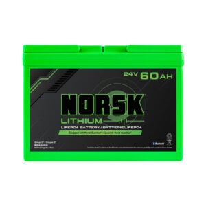 Front view of 24V 60Ah LiFePO4 lithium trolling motor battery by Norsk Lithium