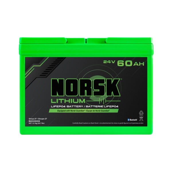 Front view of 24V 60Ah LiFePO4 lithium trolling motor battery by Norsk Lithium