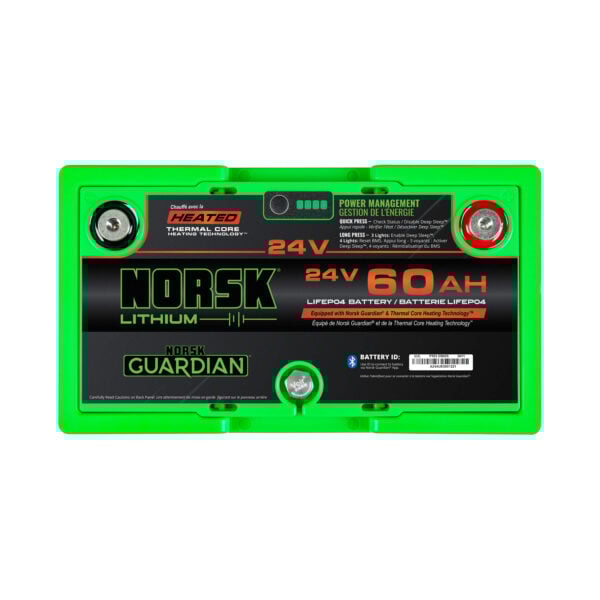 Top terminal layout of 24V 60Ah heated LiFePO4 lithium trolling motor battery