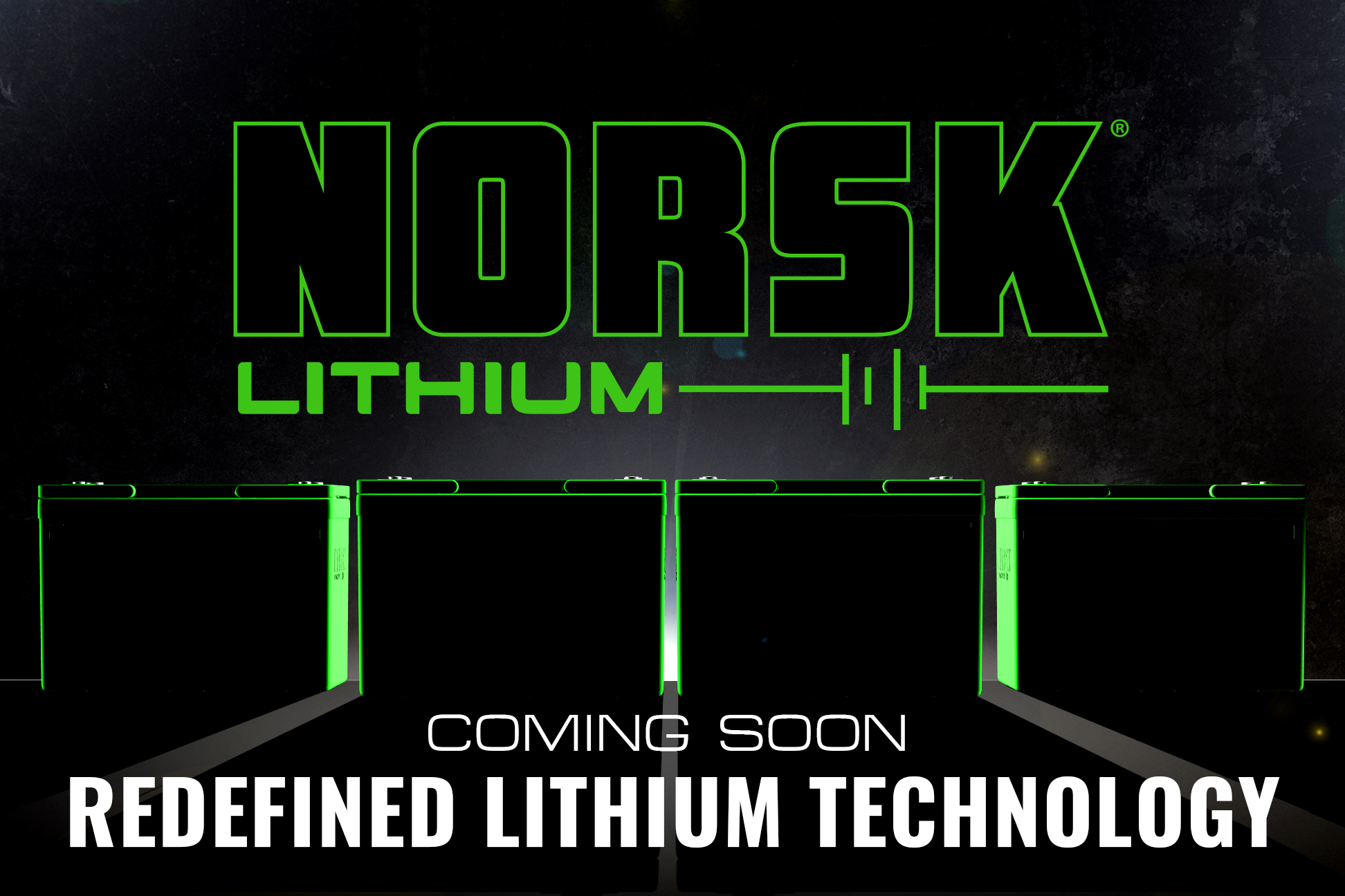 Norsk Lithium battery lineup that is dark and shadows prevent you from clearly seeing battery models