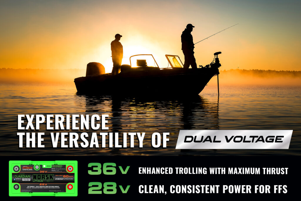 Experience The Versitility of Dual Voltage Anglers Sunset Fishing From Boat 36V Trolling Motor 28V Forward Facing Sonar Module